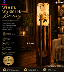 Wooden Floor Lamp(Replaceable / Interchangeable Shade) – 4.5 Feet Handcrafted Elegance, For Living Room, Bedroom, Office, Café, and Lounge Spaces|Handcrafted wooden lamp| Dark Wood|FL-6006-L